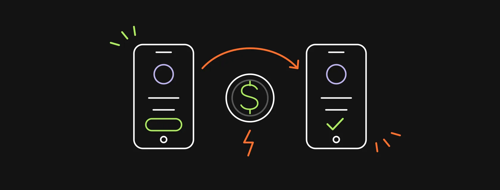 Two phones exchanging a coin along an arrow with a lightning bolt and a shield, illustrating how to build a P2P payment app