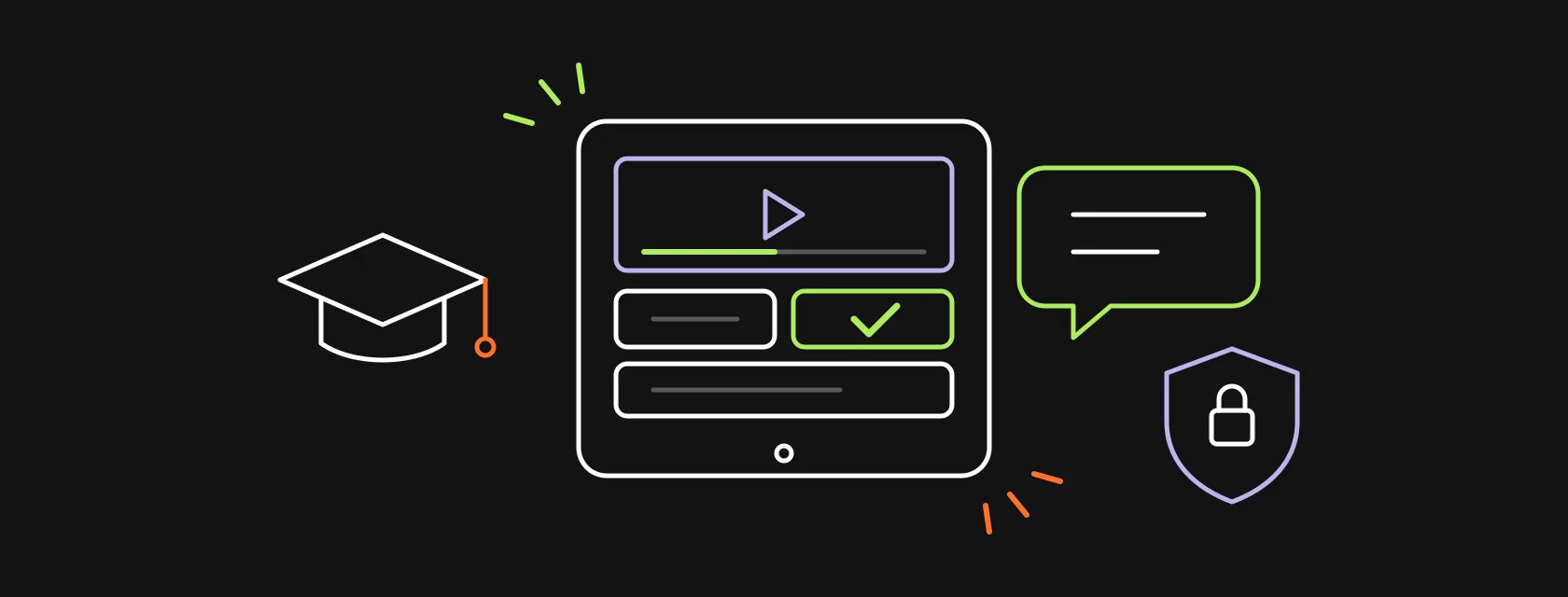 A tablet with a lesson and quiz, a graduation cap, a speech bubble for an AI tutor and a shield with a lock, illustrating how to build an education app
