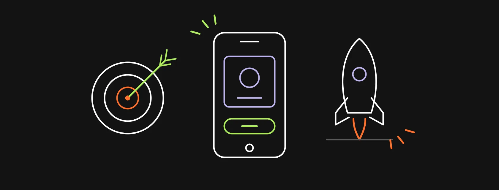 A target with an arrow, a phone with a single screen and a small rocket, illustrating how to build an MVP app
