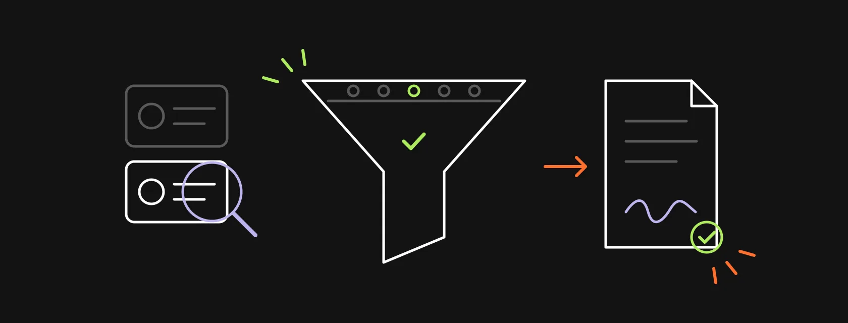 A magnifying glass over developer profile cards, a funnel with a check mark and a signed contract, illustrating how to find a developer to build an app