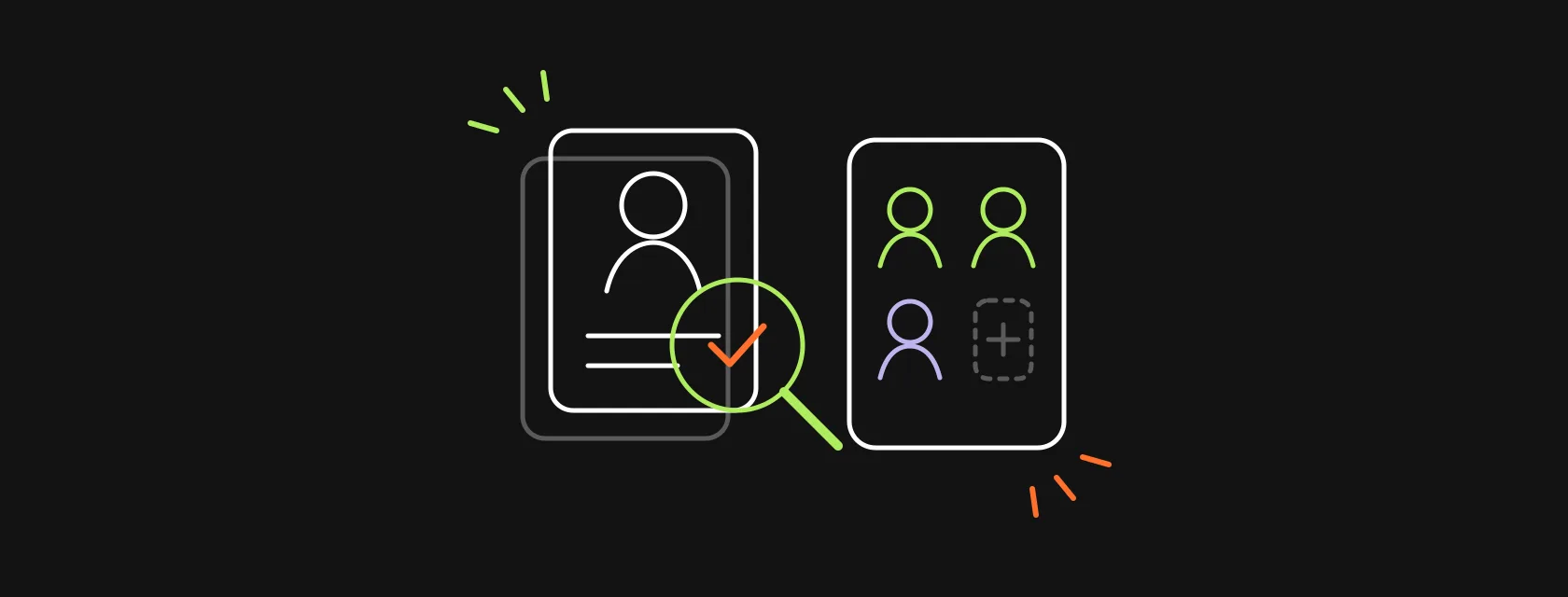 A magnifier over candidate profiles, with three selected people joining a team board