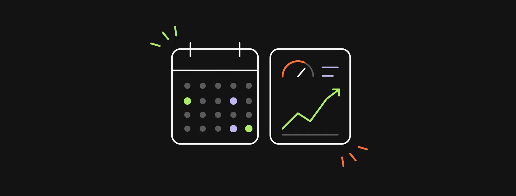 A sprint board and a calendar with a steady rhythm of meetings and a rising delivery line