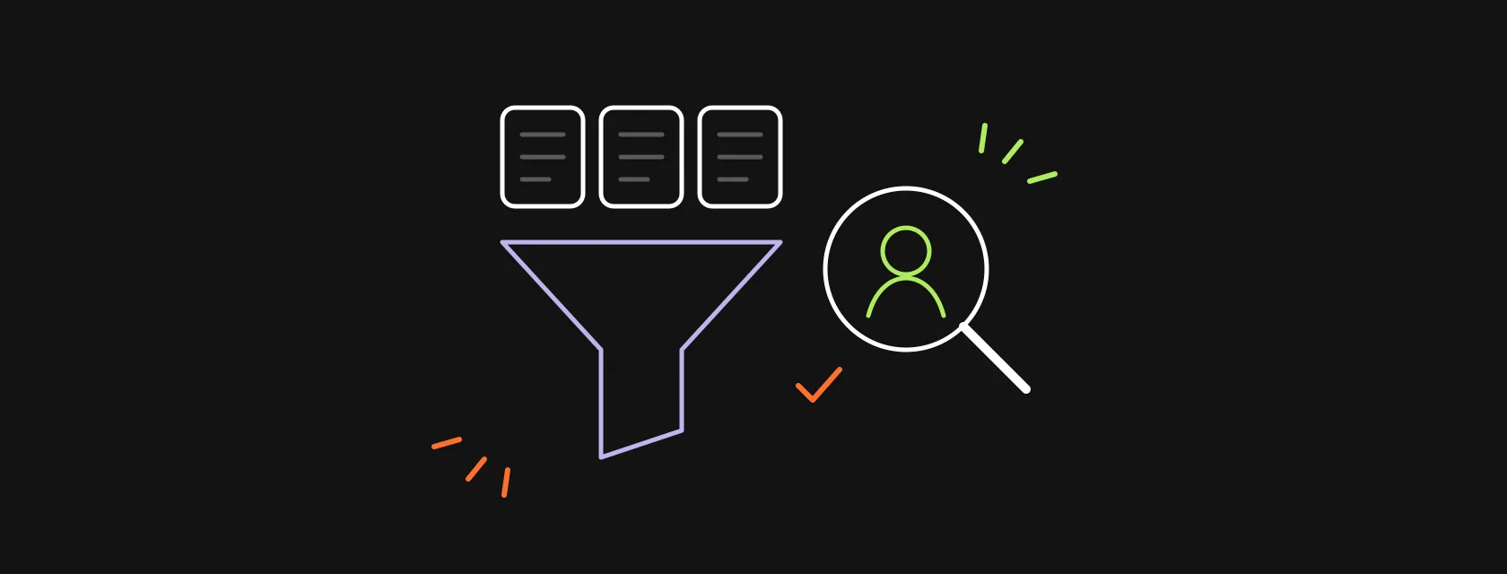 A funnel of candidate profiles narrowing to one engineer, with a magnifying glass and a checklist