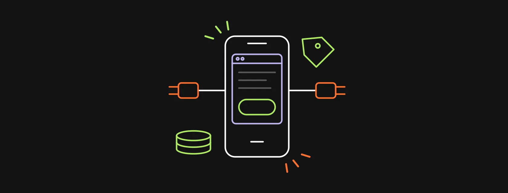 A browser window placed inside a phone frame, connected to plug icons and a price tag