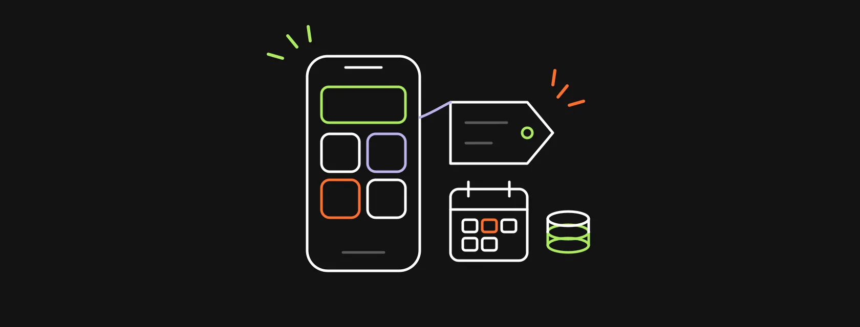 A smartphone with app screens next to a price tag, a calendar and a stack of coins