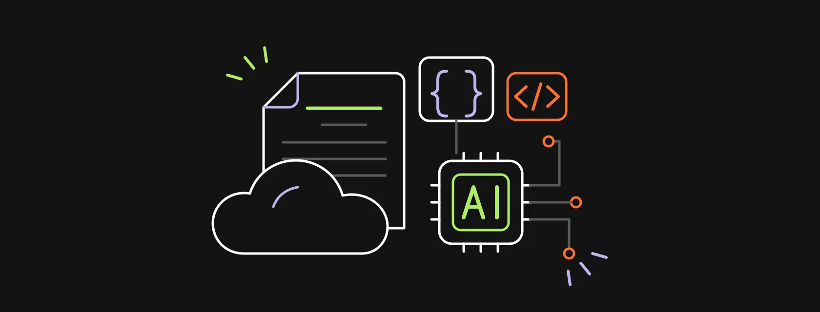 A document, a cloud and an AI chip connected to code blocks