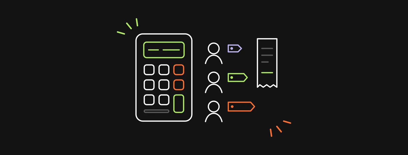 A calculator, an invoice and engineer avatars of different seniority with price tags