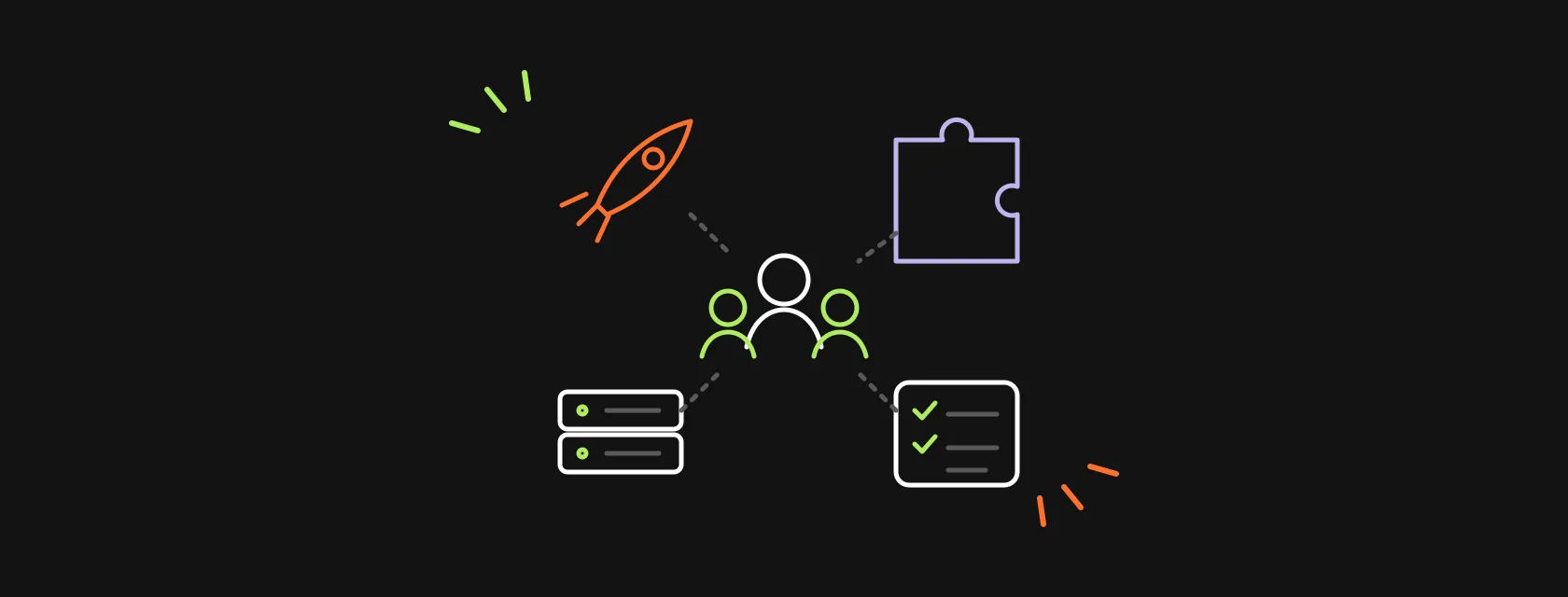 A rocket, a puzzle piece, a server box and a test checklist around an engineering team