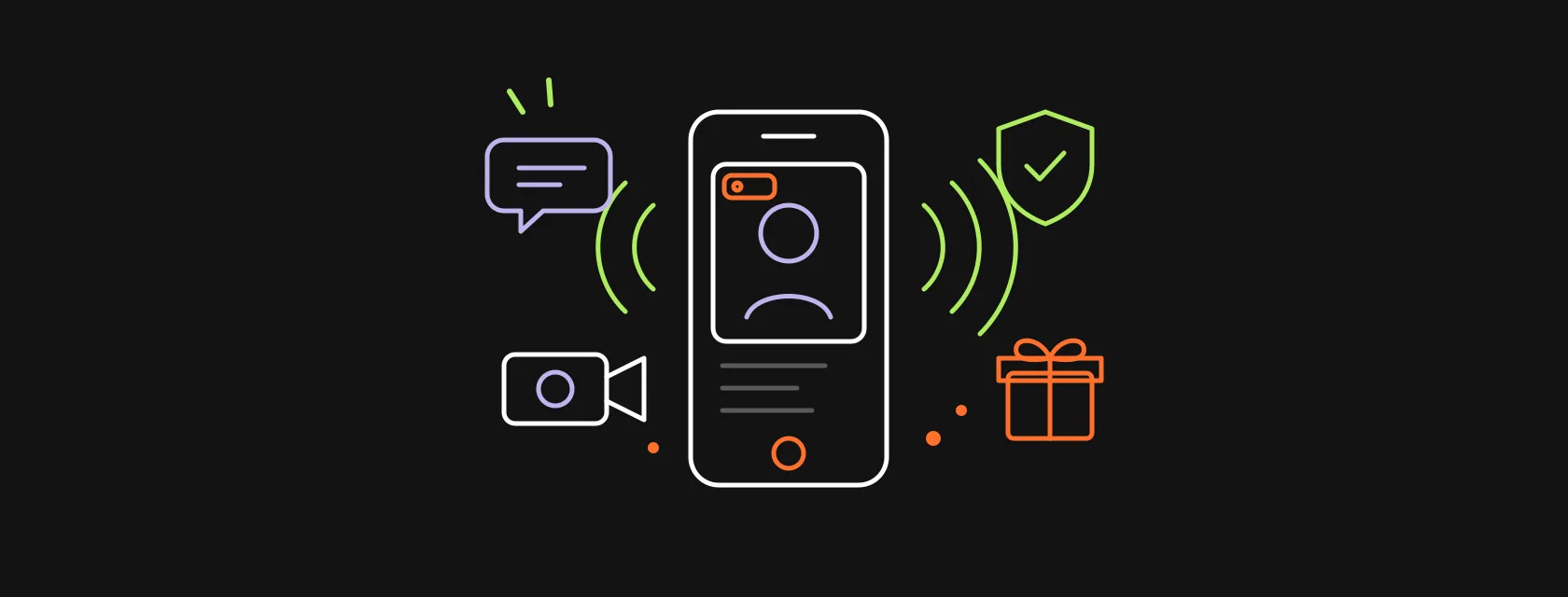 A phone broadcasting live with a camera, signal waves, chat bubbles, a gift box and a shield