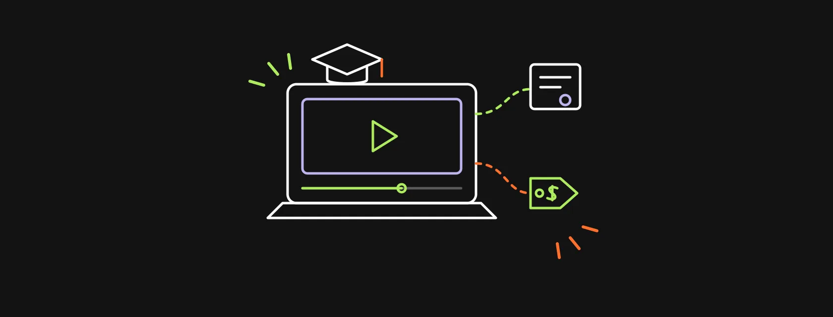 Laptop with a course player and progress bar, a graduation cap, a certificate and a price tag connected by dashed lines