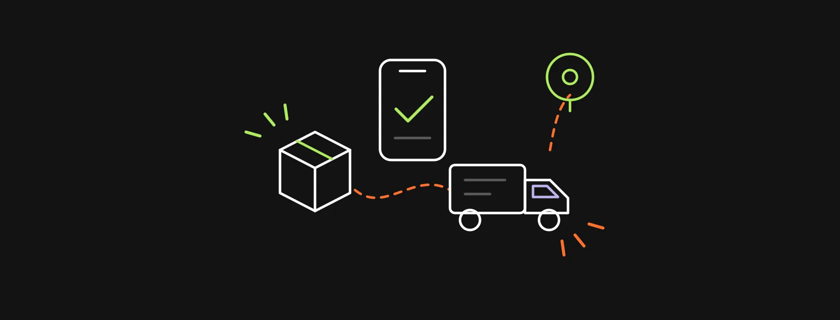 A truck on a route between a shipper's box and a delivery pin, connected to a phone with a delivery checkmark