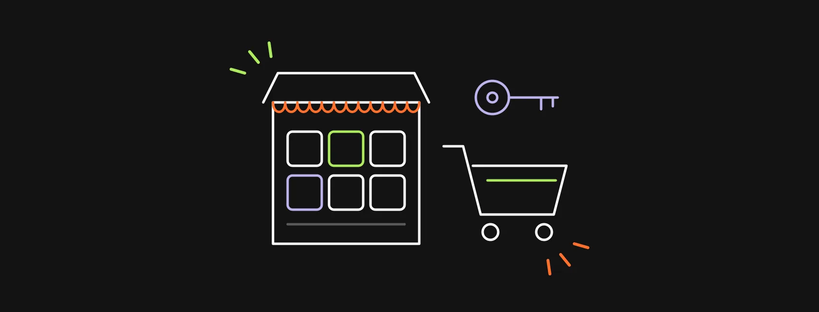 A shopping cart, a storefront window with product tiles and a license key