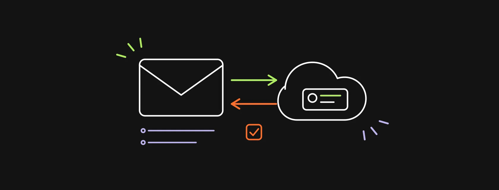 An email envelope and a CRM contact card connected by sync arrows, with a list of subscribers and a cloud, illustrating a Mailchimp Salesforce integration