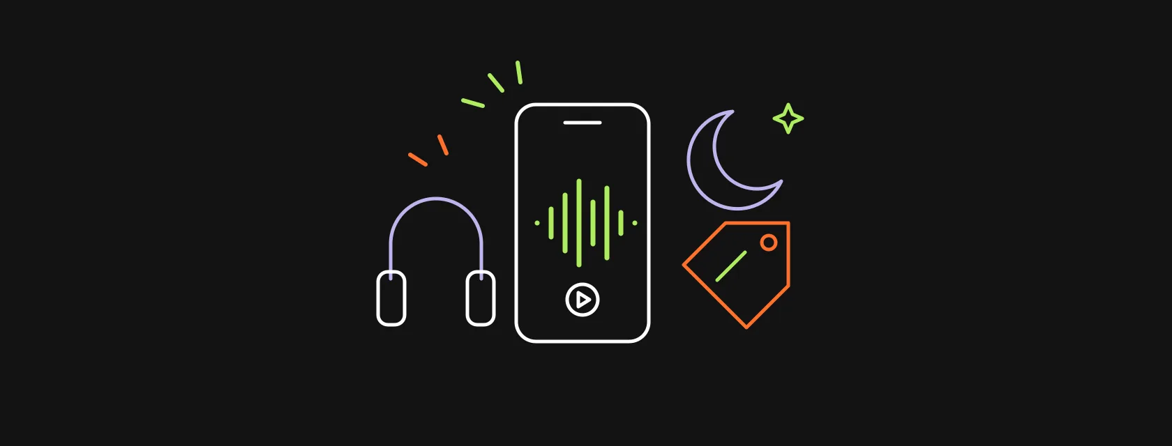 A phone with an audio waveform, headphones, a crescent moon and a price tag on a dark background