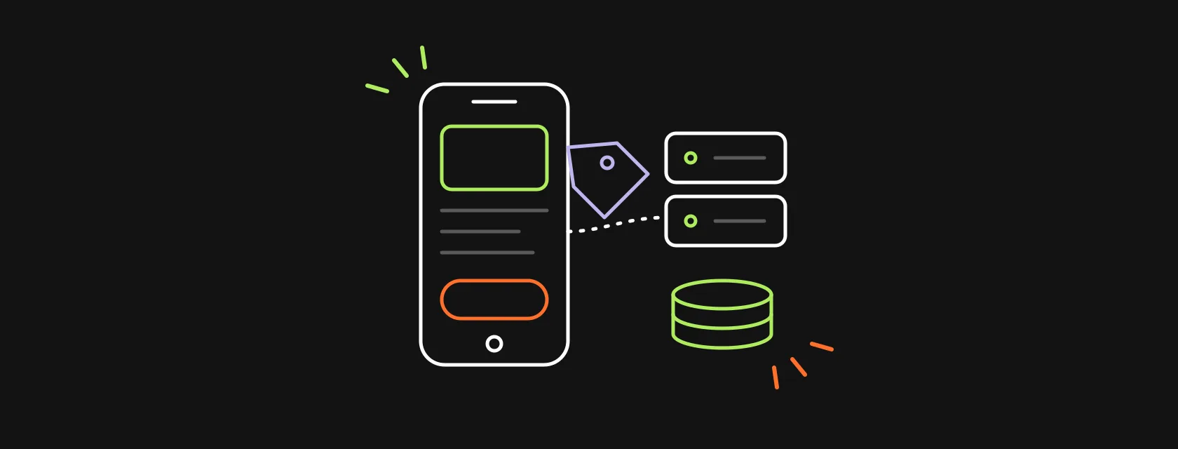 A smartphone with app screens, a price tag and stacked coins next to a backend server icon