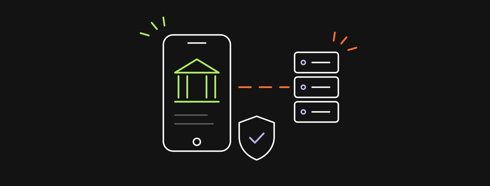 A phone with a bank building on screen connected to a server stack and a shield, illustrating the cost of a mobile banking app integrated with a core system