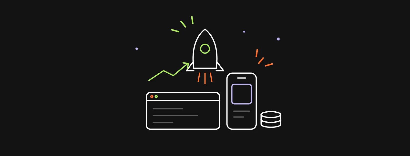 A rocket on a launch pad built from a phone and a browser window, with coins and a small upward arrow