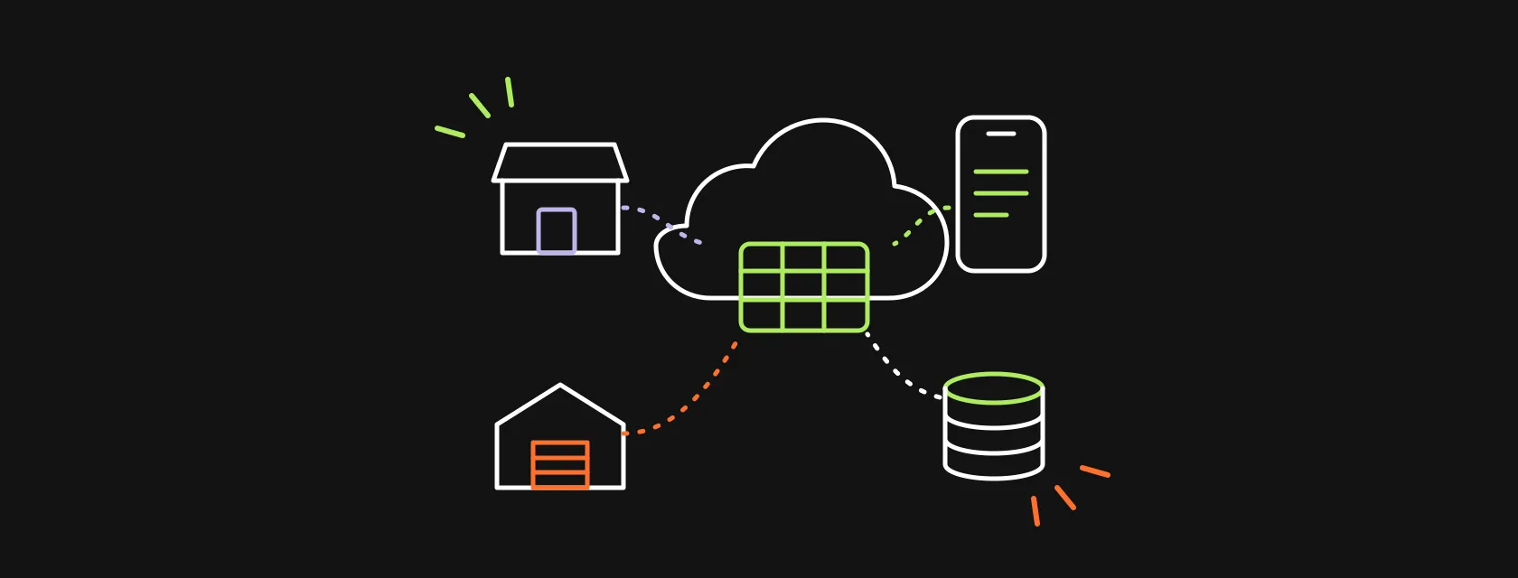 Line icons of a cloud ERP ledger connected to a store, a warehouse and a mobile app, with a stack of coins