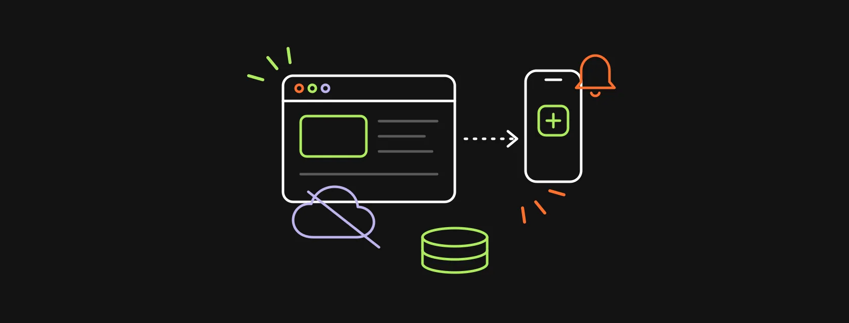 A browser window turning into a phone app icon, with an offline cloud, a notification bell and stacked coins