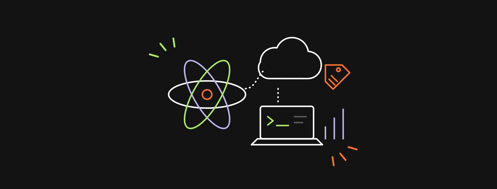 An atom-like qubit symbol connected to a laptop and a cloud with a price tag on a dark background