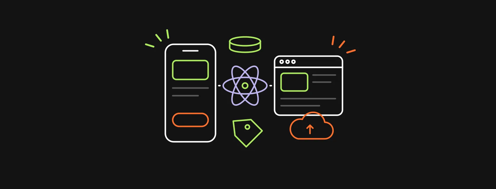 Atom-shaped code symbol linking a phone and a browser window, with a price tag and coins