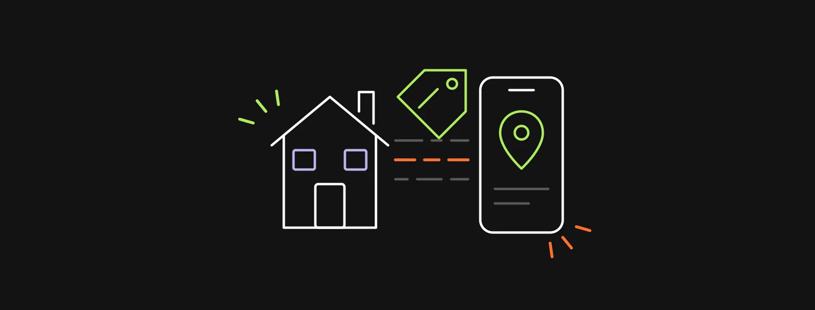A house connected to a phone with a map pin and a stream of listing data, with a price tag