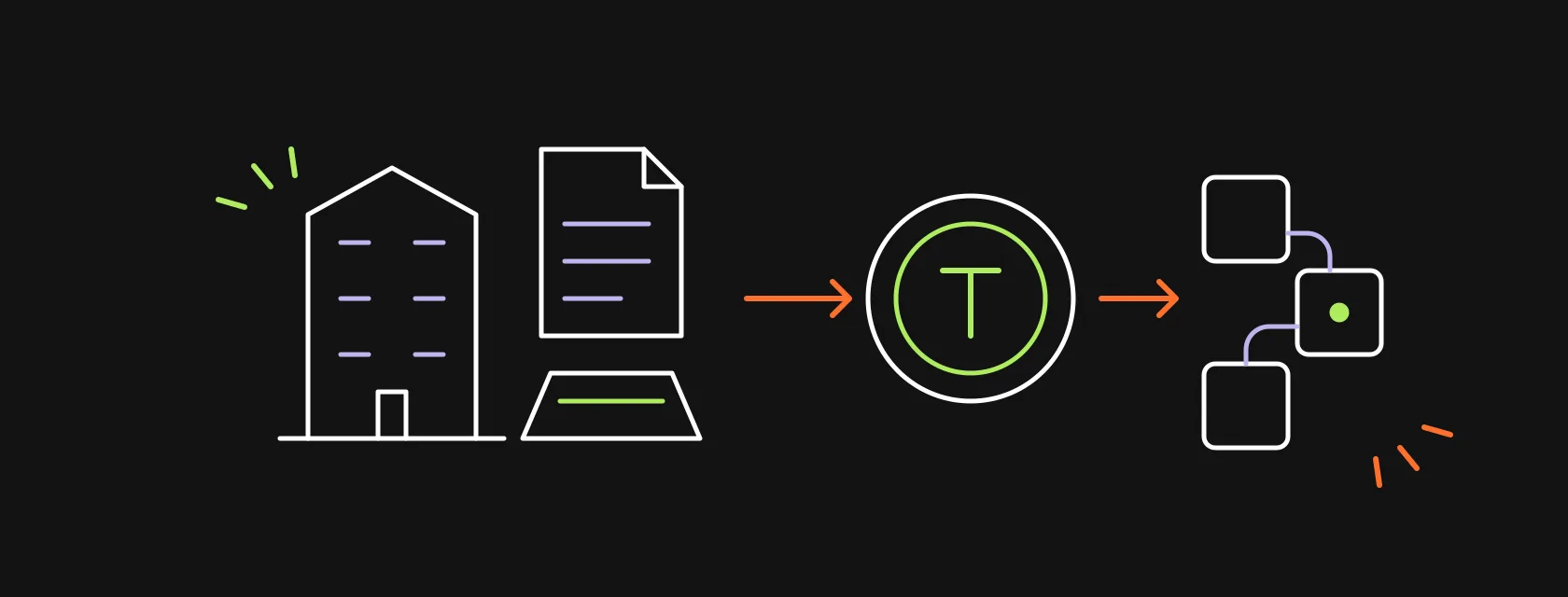 A building, a gold bar and a document connected to a token and a chain of blocks, illustrating real-world asset tokenization