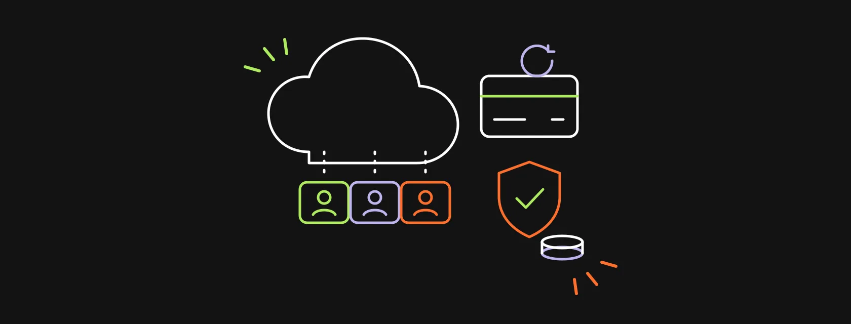 A cloud with tenant blocks, a subscription card and a shield, next to stacked cost blocks