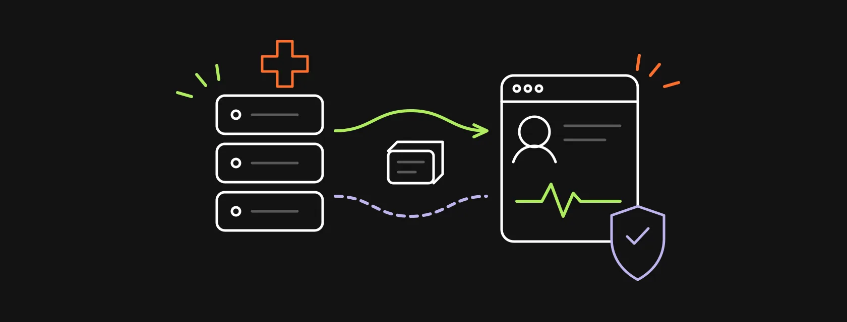 An EHR server stack connected by a FHIR data flow to a CRM window with a patient card, a pulse line and a shield, illustrating a Salesforce Health Cloud FHIR integration