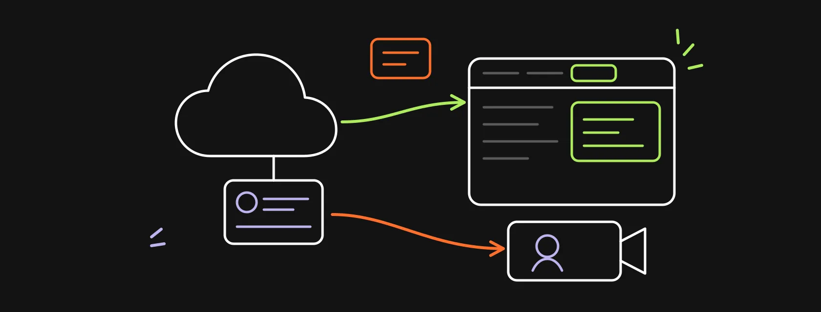 A cloud with a CRM record card connected to a chat window, a pinned record tab and a video meeting screen, illustrating a Salesforce integration with Microsoft Teams