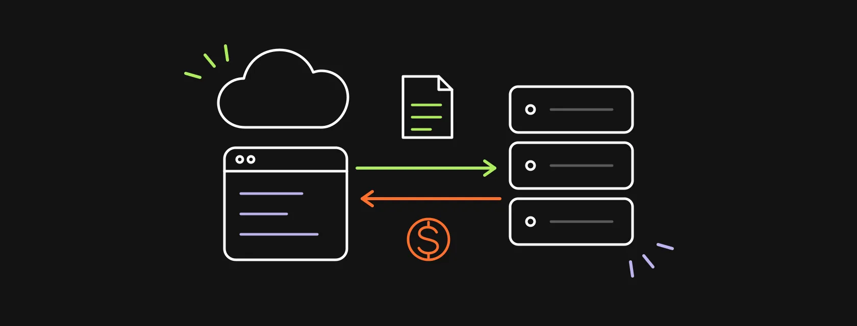 A CRM window and an ERP server stack connected by two-way arrows, with an order document and a coin moving between them