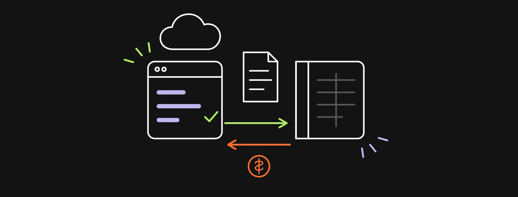A CRM window and an accounting ledger connected by two arrows, with an invoice and a coin between them, illustrating a Salesforce QuickBooks integration