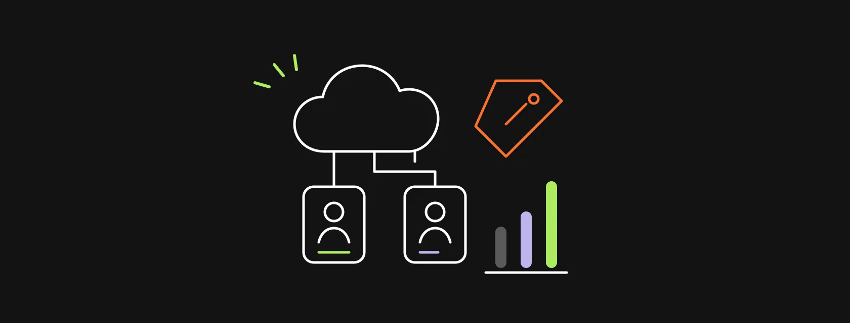 A cloud connected to a price tag, a bar chart and engineer profiles