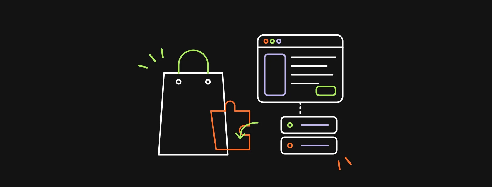 App window with puzzle-piece blocks plugged into a shopping bag, connected by sync arrows to a server on a dark background