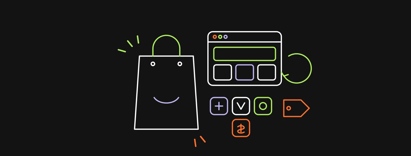 Shopping bag, theme layout blocks and app tiles stacked next to a price tag on a dark background