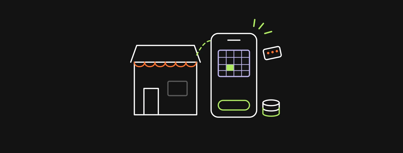 A phone with a booking calendar next to a storefront awning, a loyalty card and a service van