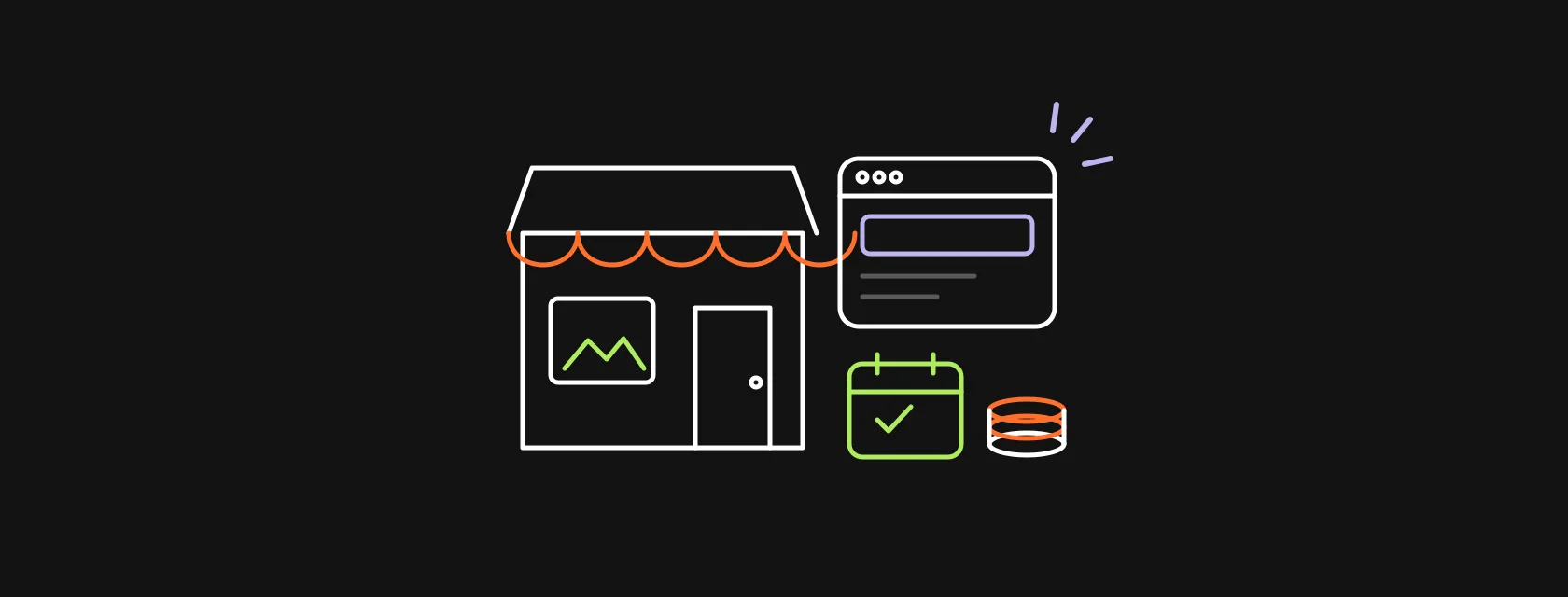 A small shop storefront next to a browser window, a calendar and a stack of coins