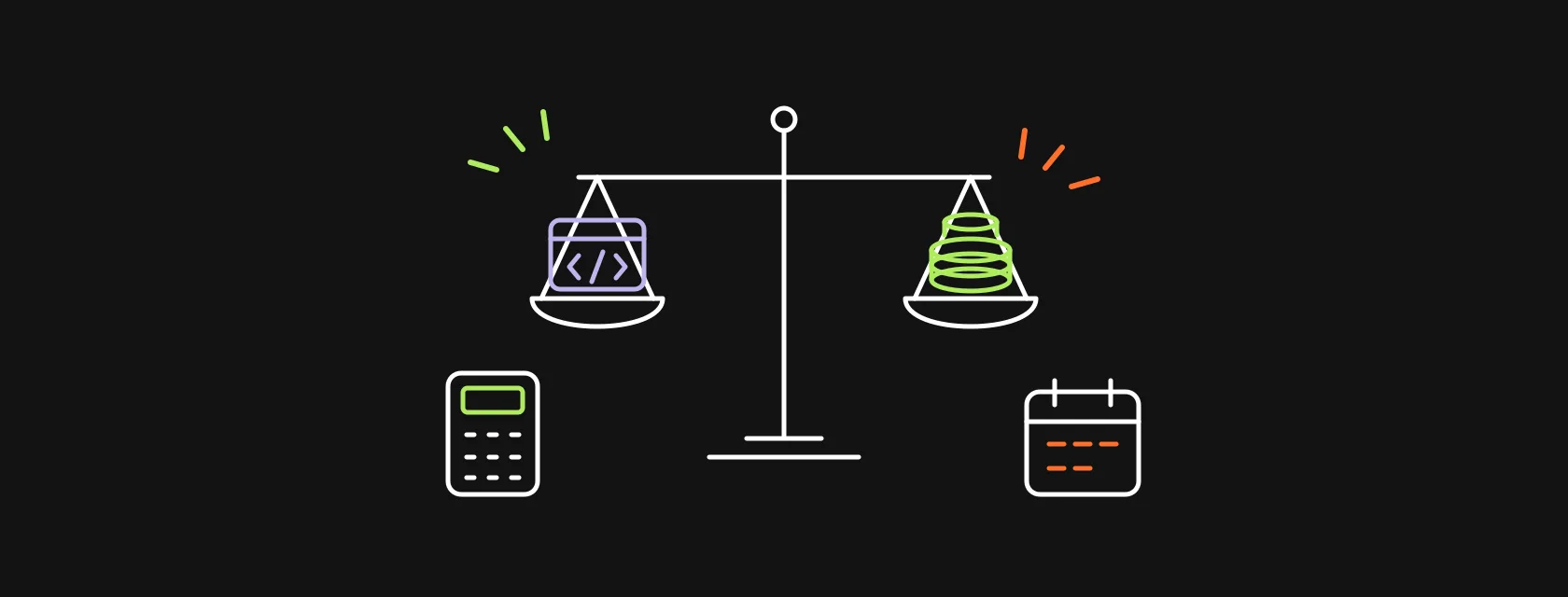 Software modules on a scale balanced against stacks of coins and a calendar