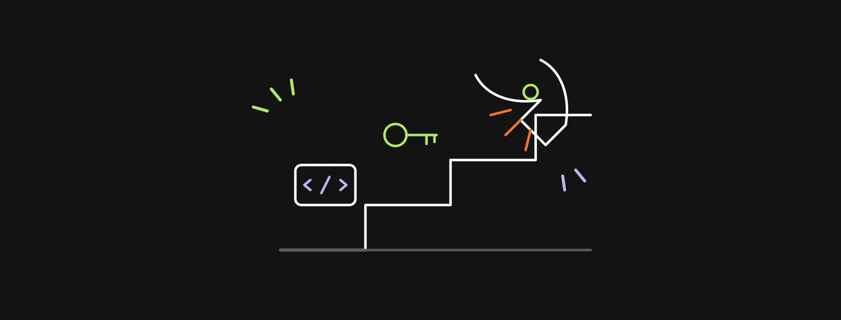 A rocket climbing three steps, with a code window and a key at its base