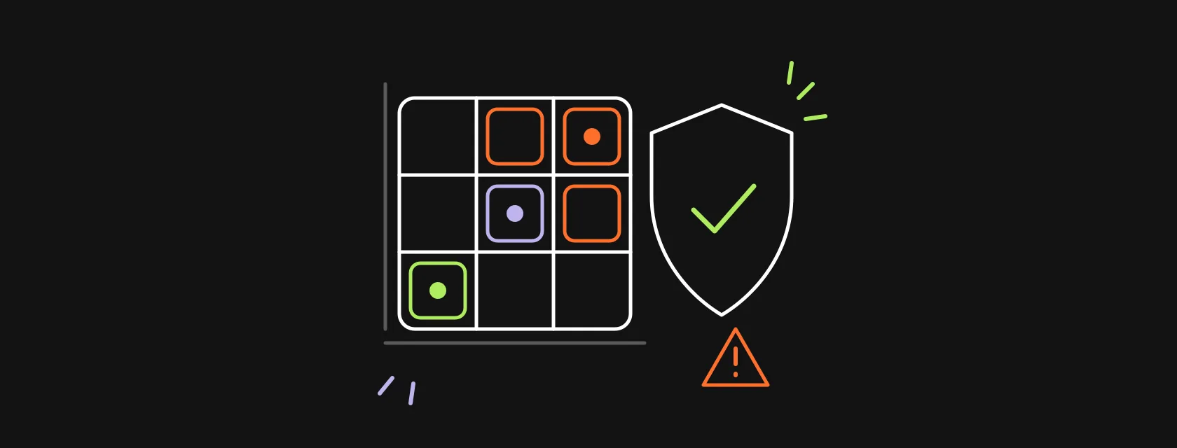 A risk matrix grid with a shield and a warning sign over a code window
