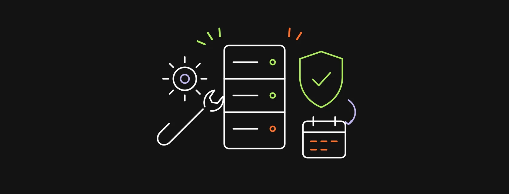 A wrench and gear next to a server, a shield and a calendar with recurring dates
