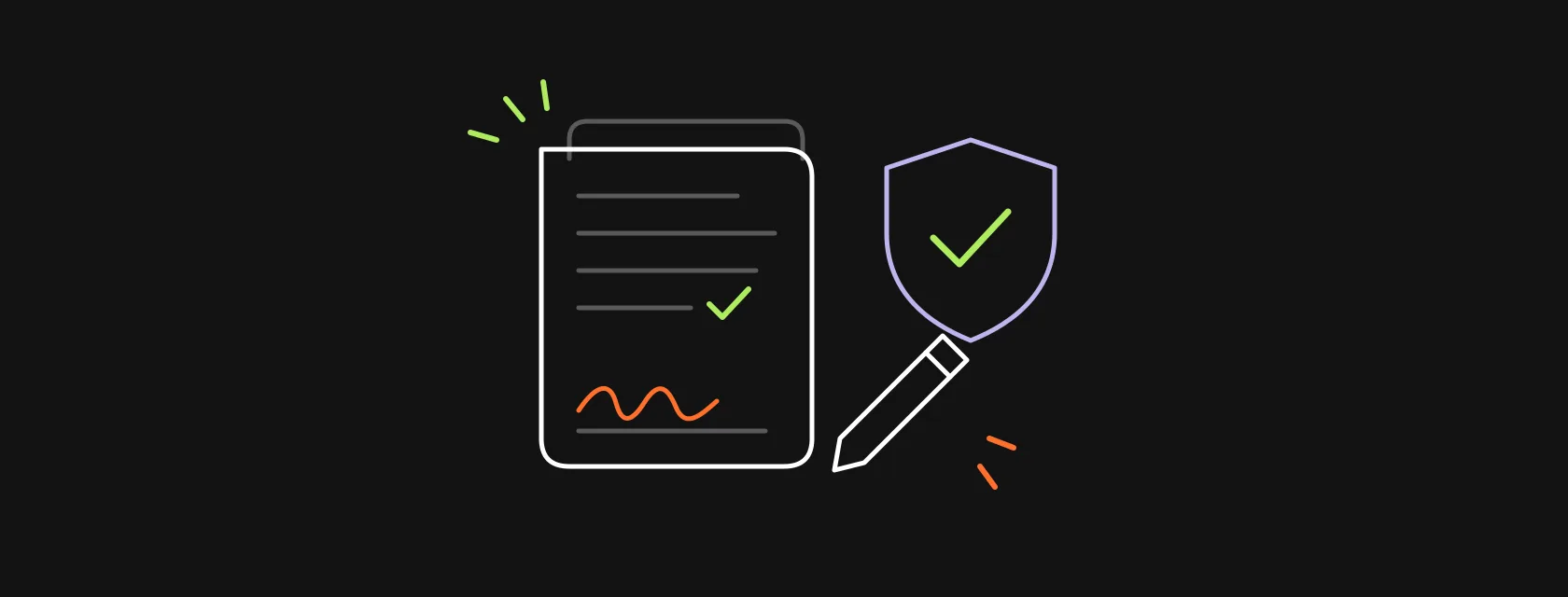 A contract with a signature line, a shield and a checklist