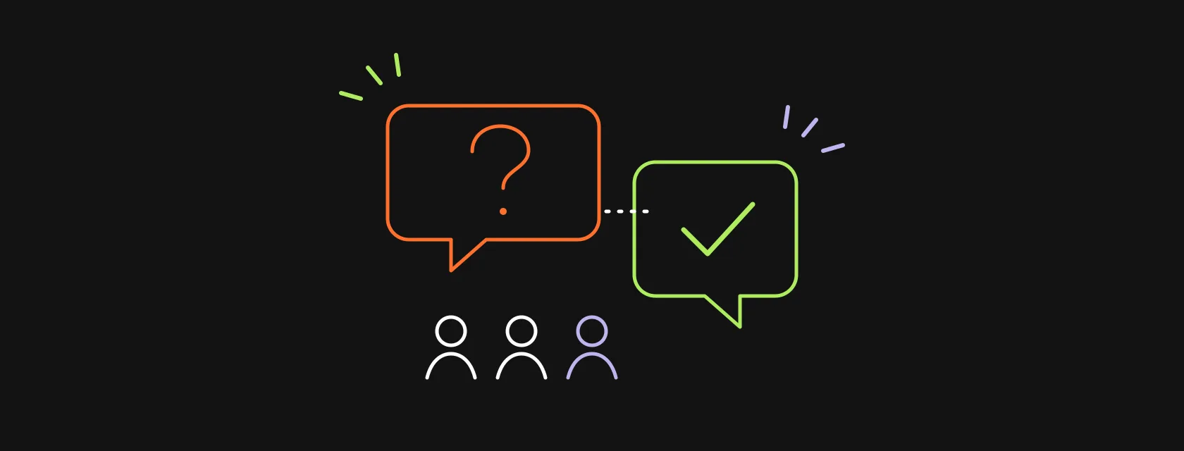 A speech bubble with a question mark split from a checkmark, over a team of engineers