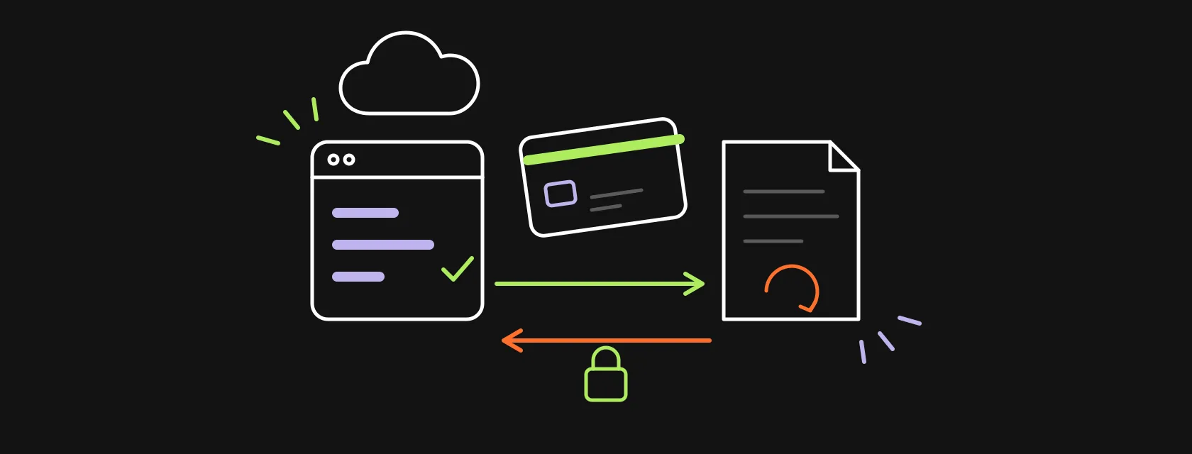 A CRM window, a credit card and a recurring invoice connected by arrows, illustrating a Stripe Salesforce integration