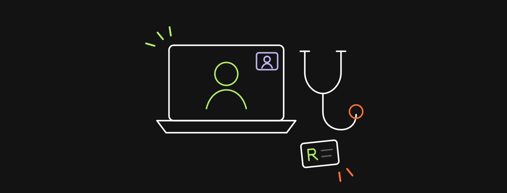 A laptop with a video call, a stethoscope and a prescription pad, illustrating the cost of building a telemedicine app