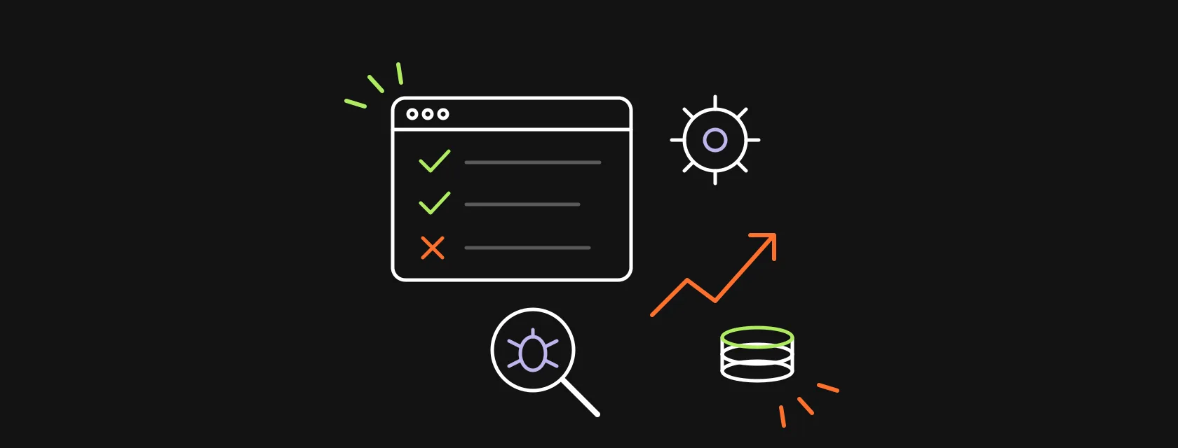 A browser window with green check marks, a gear, a bug under a magnifying glass and a coin stack with a rising arrow