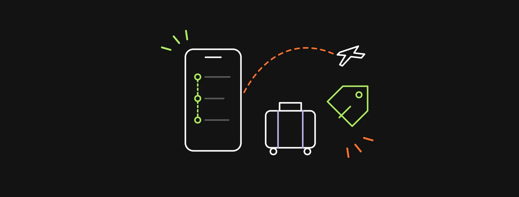 A phone with a travel itinerary next to a plane, a suitcase and a price tag