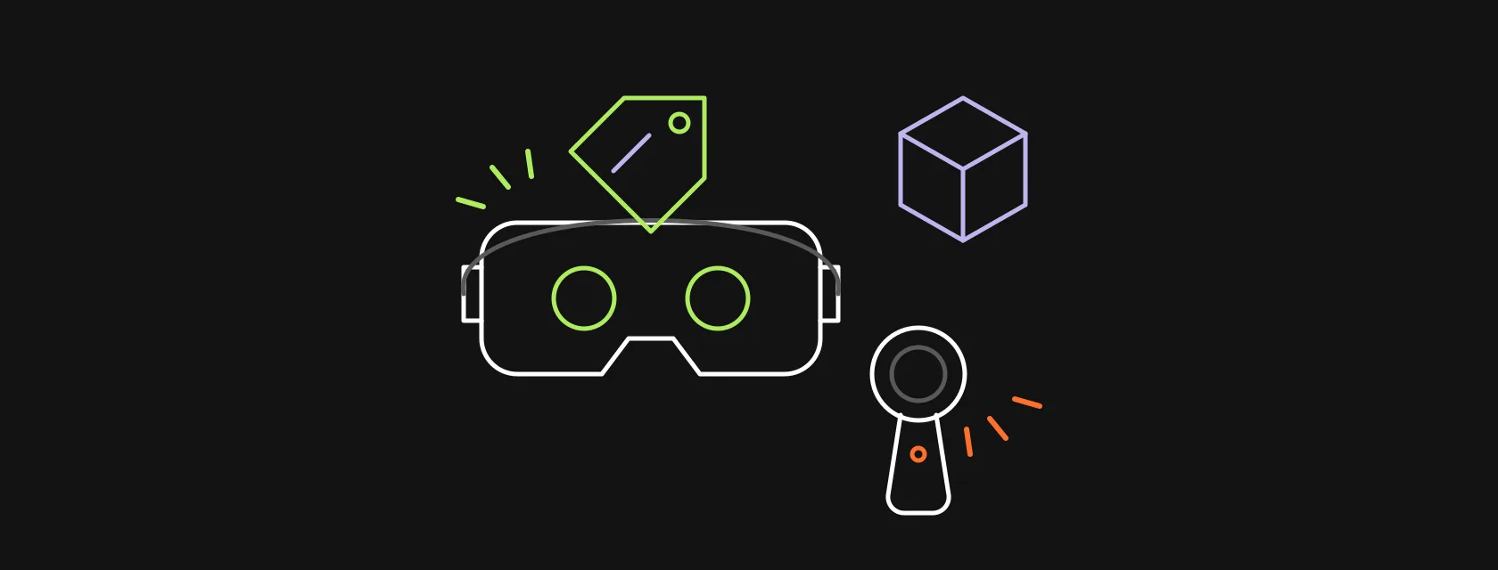 A VR headset, a hand controller and a wireframe cube next to a price tag