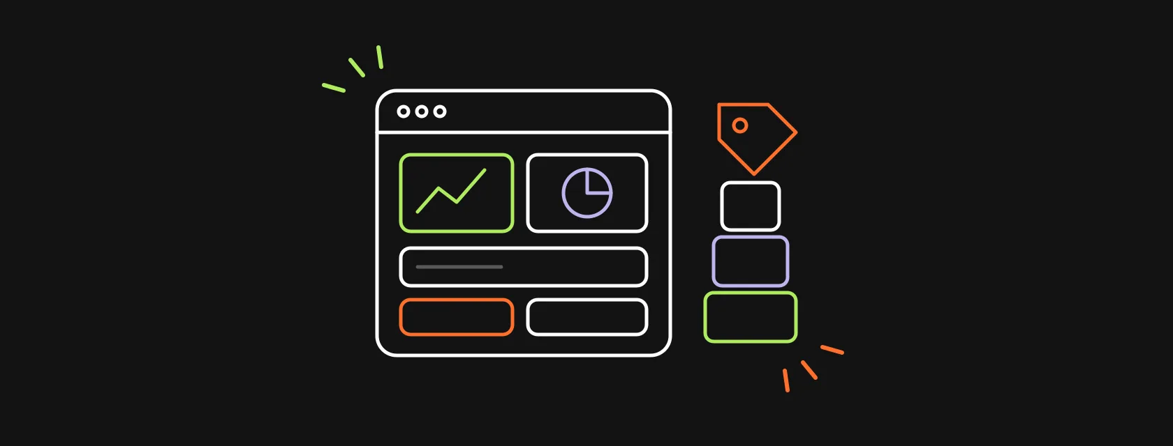 A browser window with dashboard modules, a price tag and stacked cost blocks