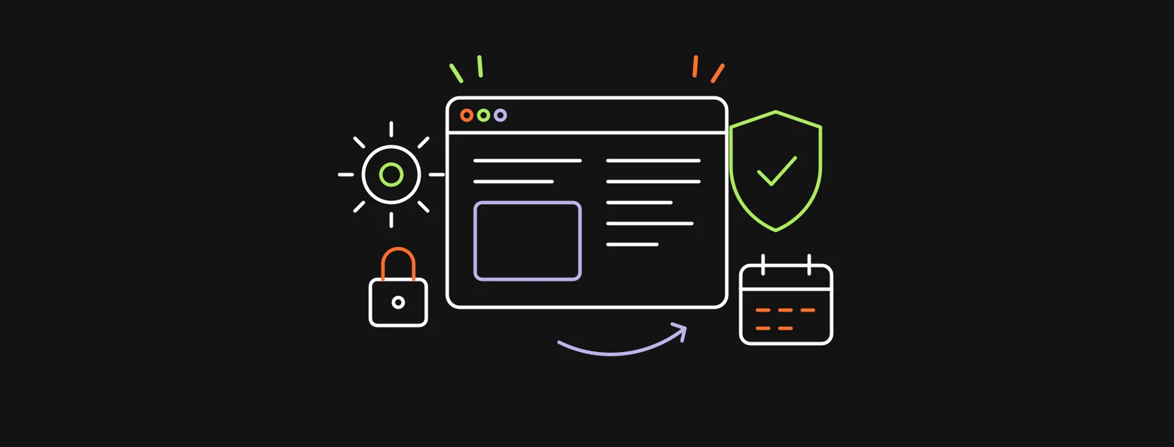 A browser window with a gear, a shield, a padlock and a calendar of recurring tasks
